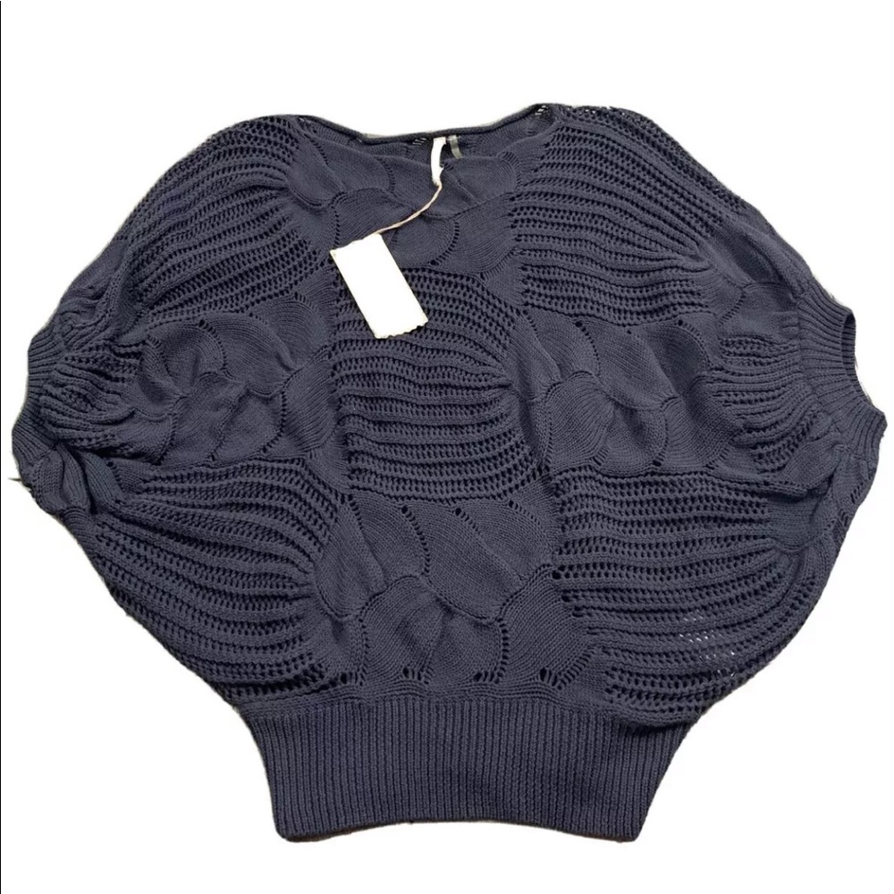 Monoreno Navy Blue Crochet Knit Batwing Sweater